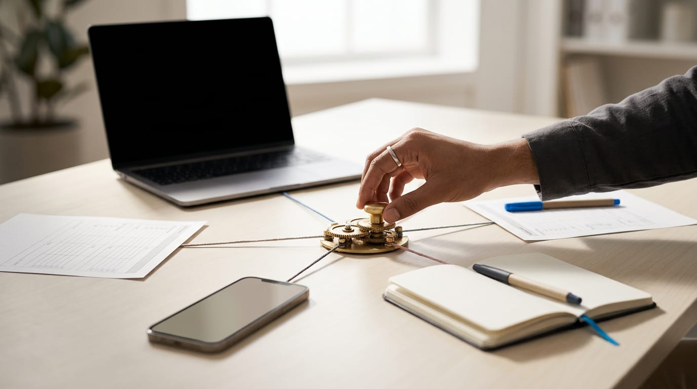 A small brass hub on a desk with strings connecting to a laptop, phone, notebook and paper, representing an orchestration layer.