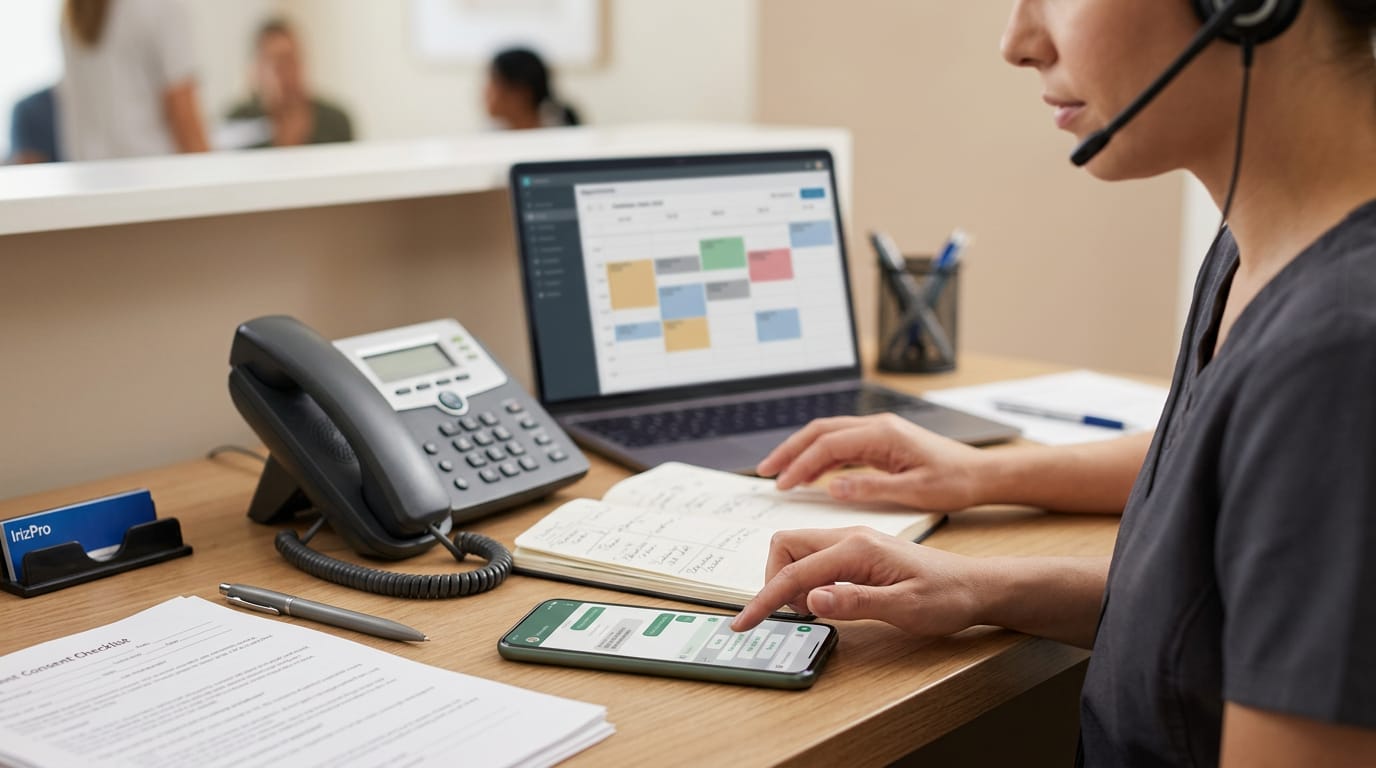 Receptionist tapping a phone beside a blurred scheduler and consent checklist on a clinic desk.